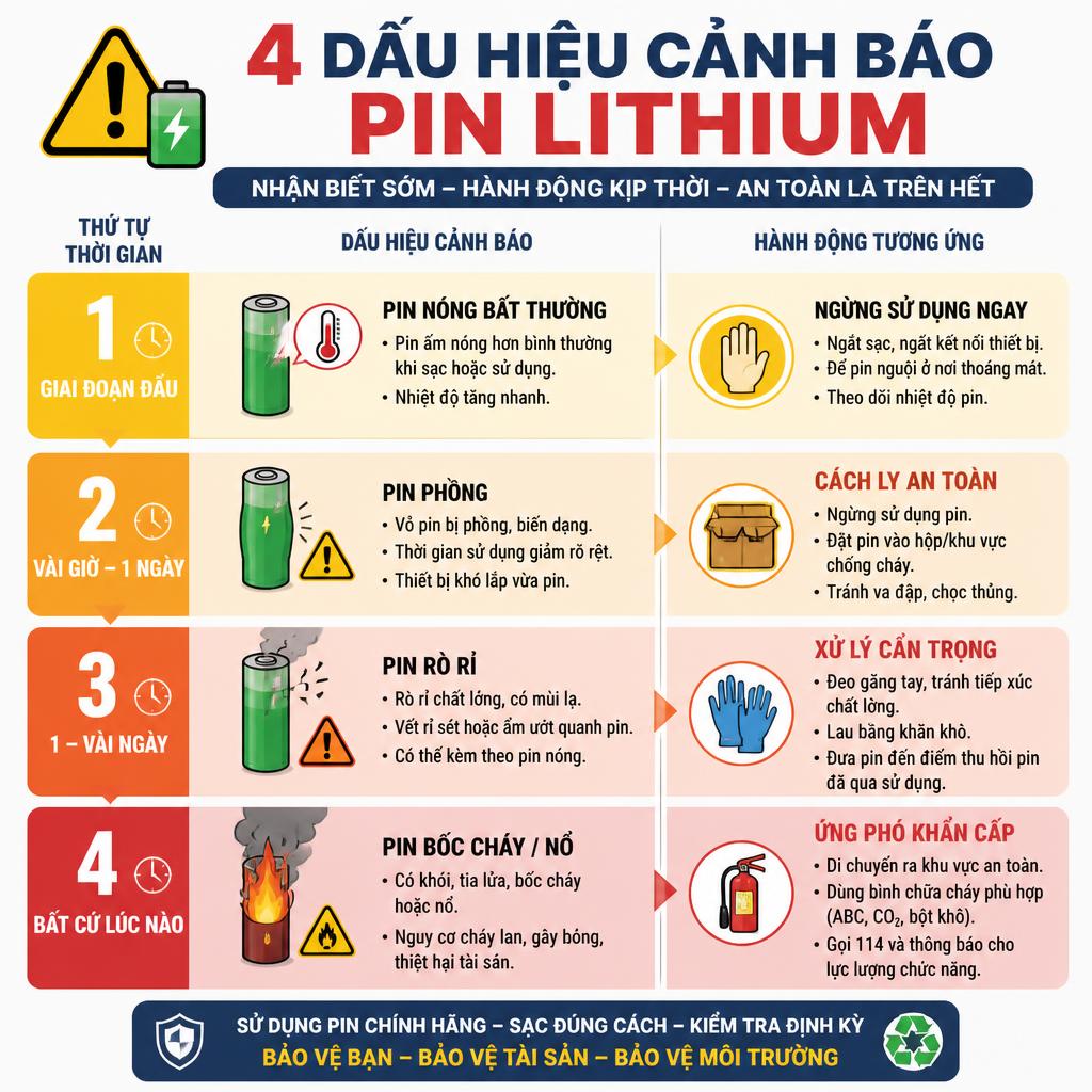 Infographic 4 dấu hiệu cảnh báo pin lithium theo thứ tự thời gian với hành động tương ứng
