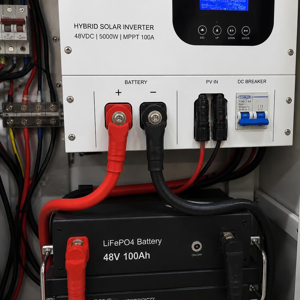 Inverter hybrid 48V kết nối với pack pin LiFePO4, cận cảnh cổng battery và cáp DC, bối cảnh tủ điện thực tế