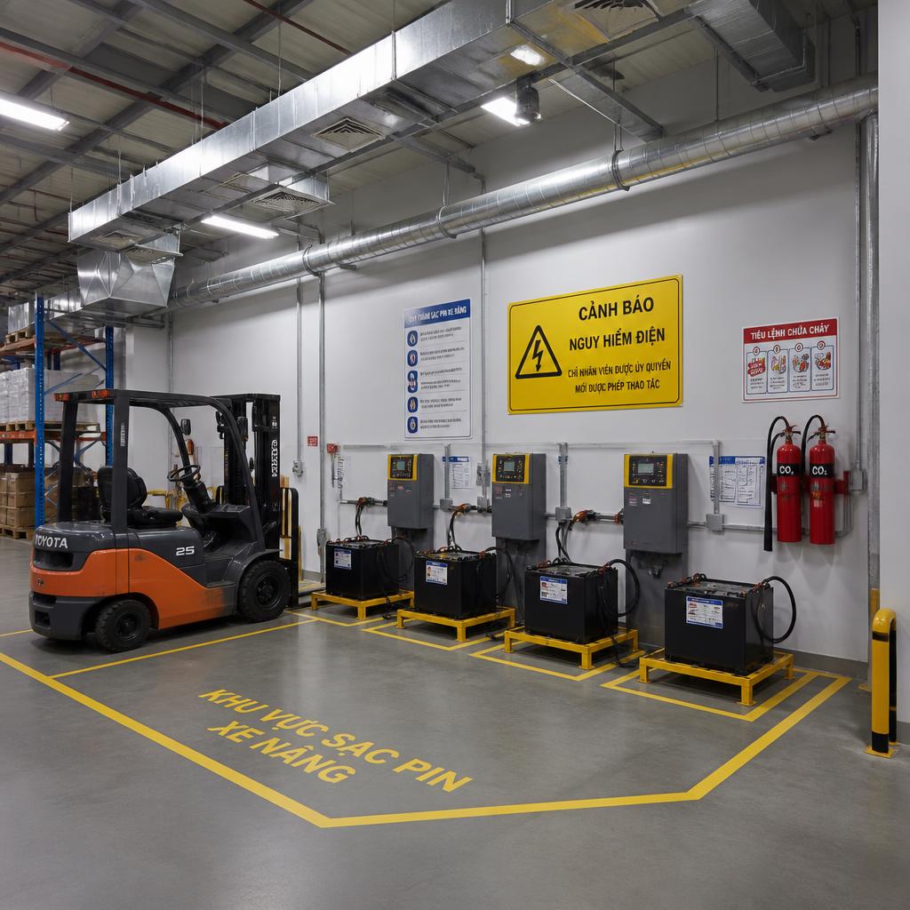 Khu vực sạc pin xe nâng trong kho công nghiệp, góc rộng thể hiện hệ thống thông gió trần, biển cảnh báo nguy hiểm điện, bộ sạc và bình chữa cháy CO₂ trên giá tường