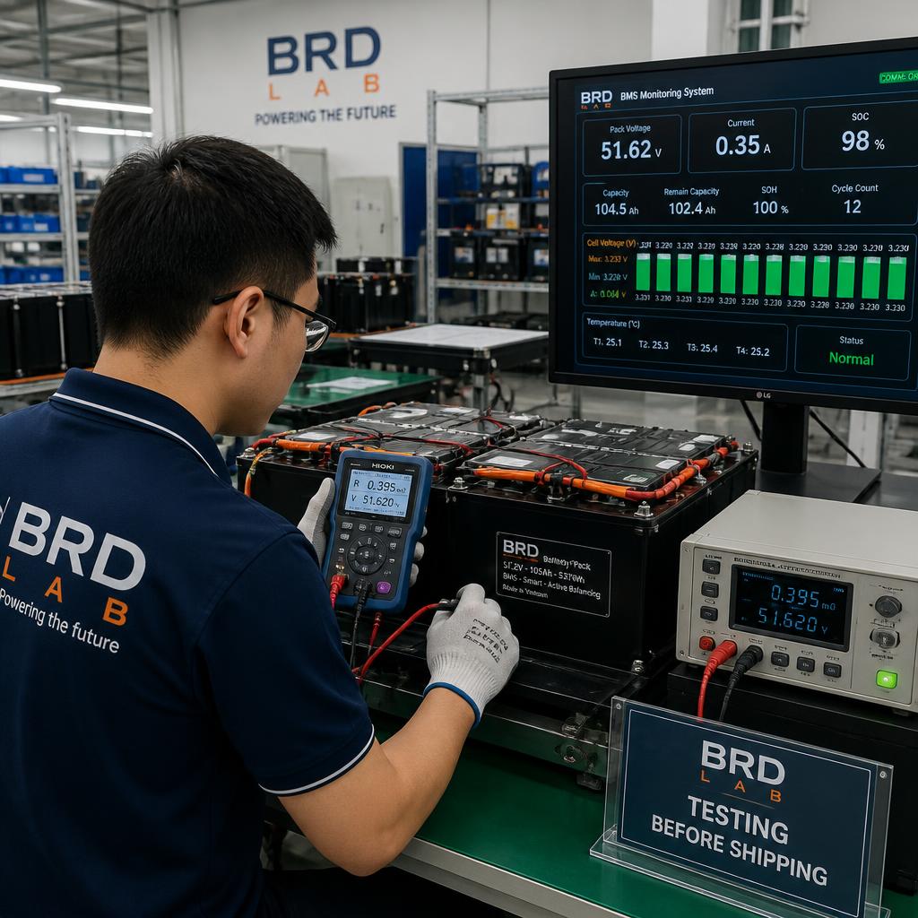 Kỹ sư BRD Lab đang kiểm thử pack pin LiFePO4 trước khi xuất xưởng, sử dụng thiết bị đo nội trở và màn hình hiển thị thông số BMS, chụp tại xưởng sản xuất