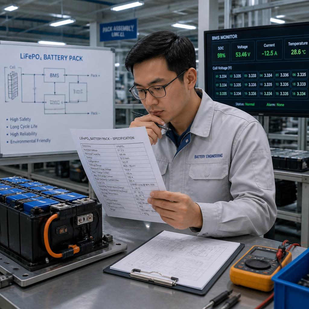 Kỹ sư đang xem xét các thông số kỹ thuật của pack pin lithium LiFePO4 trong xưởng sản xuất