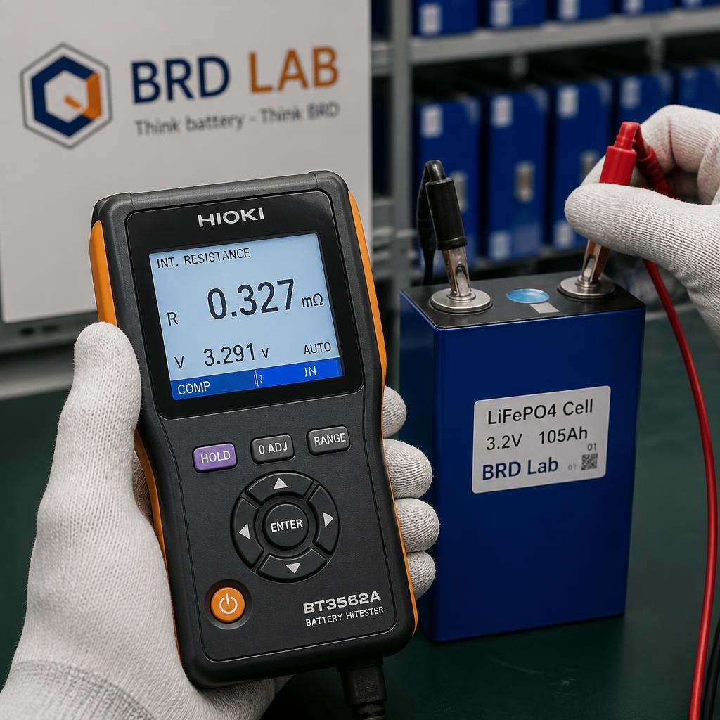 Kỹ thuật viên BRD Lab đang thực hiện load test pack pin áp cao, màn hình hiển thị điện áp từng cell và nhiệt độ thực tế trong quá trình xả 1C