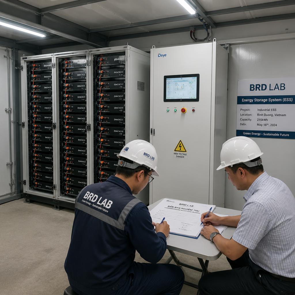 Kỹ thuật viên BRD Lab đang test tải pack pin LiFePO4 trên bàn kiểm tra, màn hình hiển thị điện áp và dòng xả, không gian xưởng sản xuất thực tế
