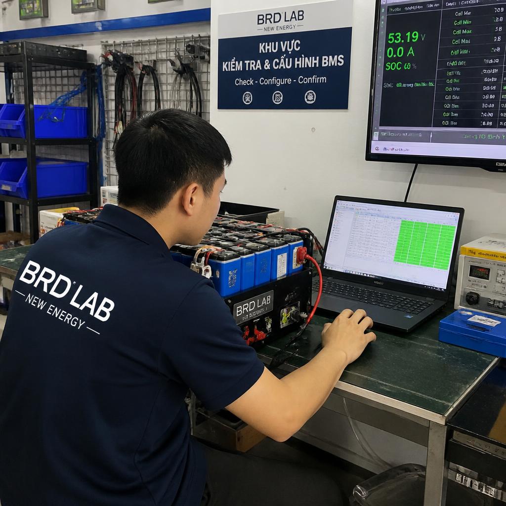 Kỹ thuật viên BRD Lab đang cấu hình BMS và kiểm tra thông số pack pin LiFePO4 trước khi bàn giao, góc chụp thực tế tại xưởng lắp ráp