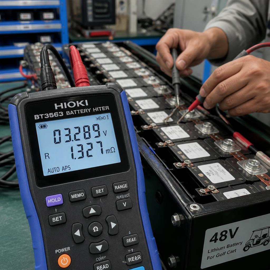 Kỹ thuật viên đang đo điện áp từng cell trong pack pin 48V xe điện golfcart tại xưởng, góc chụp cận cảnh thiết bị đo nội trở