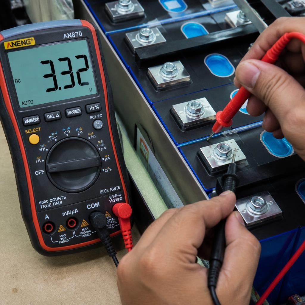 Kỹ thuật viên đang đo điện áp từng cell trong pack pin 72V bằng đồng hồ vạn năng, góc chụp cận cảnh cho thấy màn hình hiển thị giá trị 3,32V trên một cell prismatic LiFePO4
