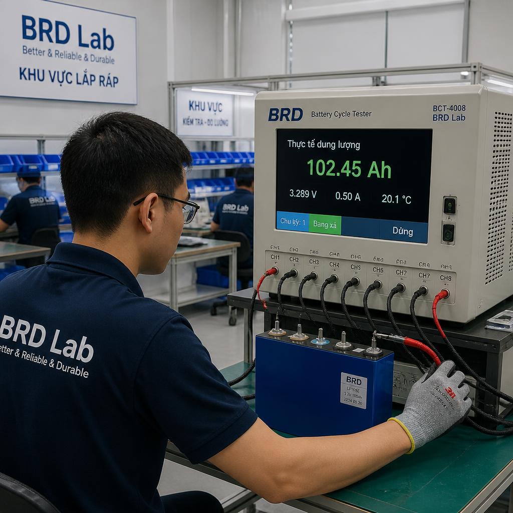Kỹ thuật viên đang đo dung lượng thực của cell pin LiFePO4 bằng thiết bị đo chu kỳ, màn hình hiển thị giá trị Ah thực đo, bối cảnh xưởng lắp ráp BRD Lab