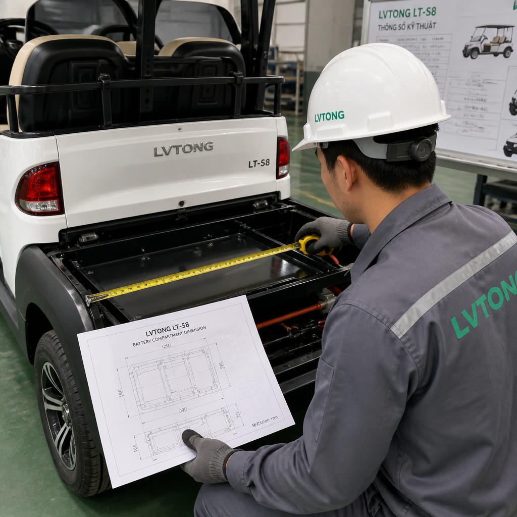 Kỹ thuật viên đang đo khoang pin trên xe điện du lịch LVTONG LT-S8, thước dây và bản vẽ kỹ thuật trên tay