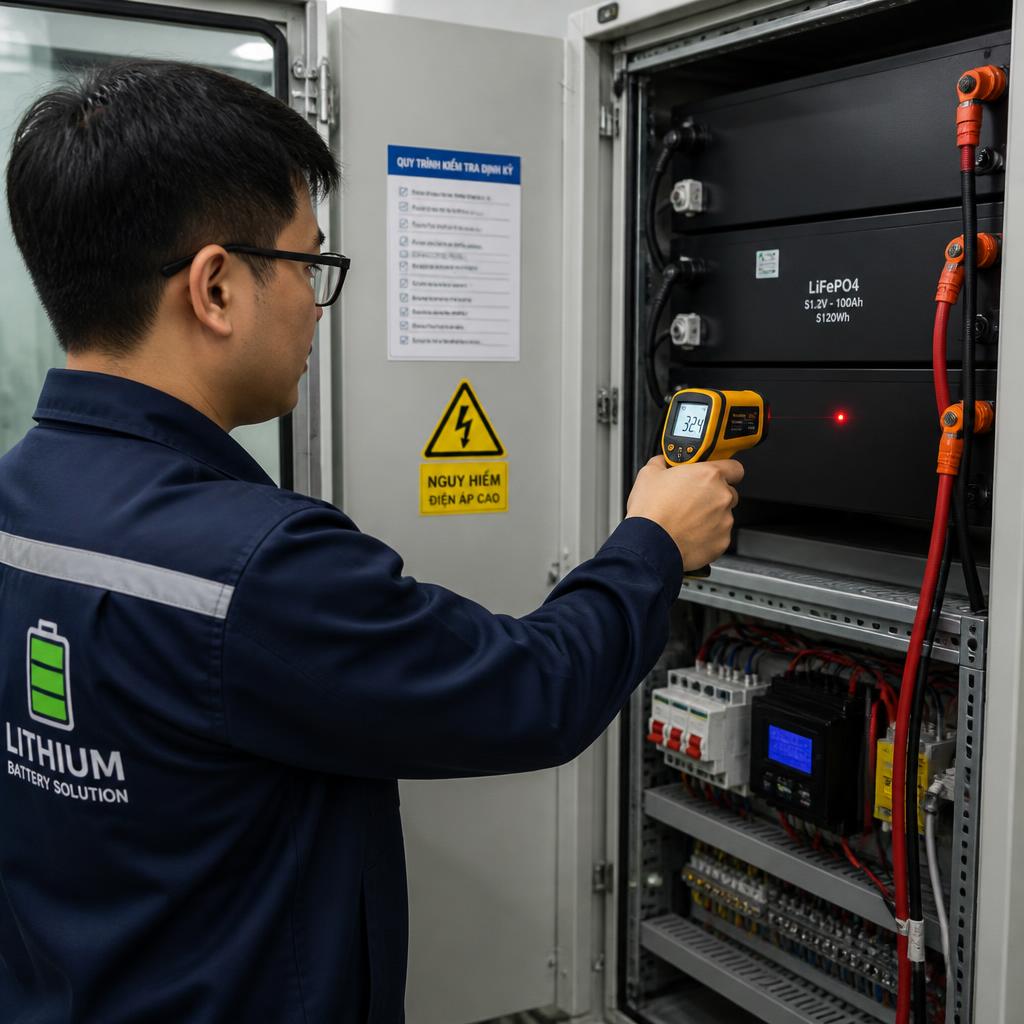 Kỹ thuật viên đang đo nhiệt độ bề mặt pack pin LiFePO4 bằng nhiệt kế hồng ngoại trong quá trình kiểm tra định kỳ, góc chụp trung cảnh, bối cảnh phòng kỹ thuật hoặc tủ điện thực tế