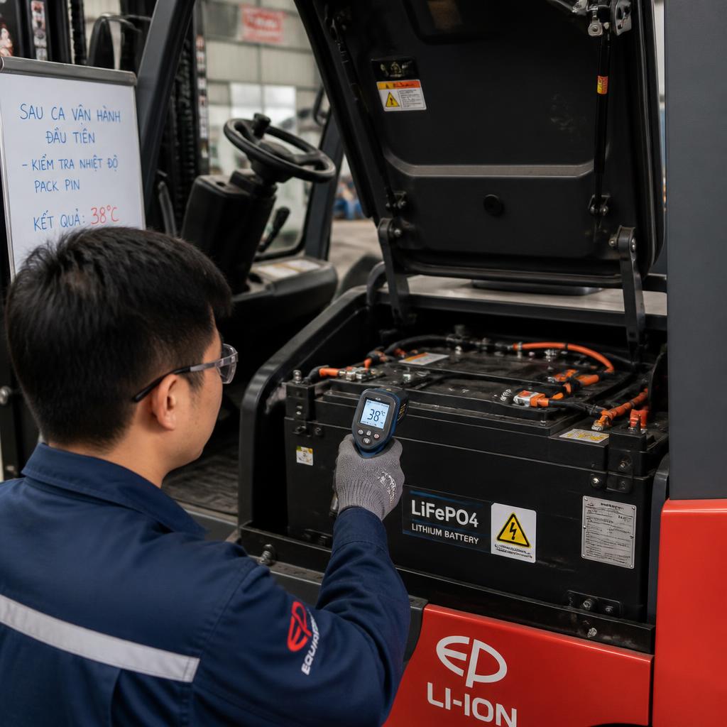 Kỹ thuật viên đang đo nhiệt độ bề mặt pack pin LiFePO4 bằng súng đo nhiệt sau ca vận hành đầu tiên, màn hình hiển thị nhiệt độ 38°C trong khoang xe nâng đang mở
