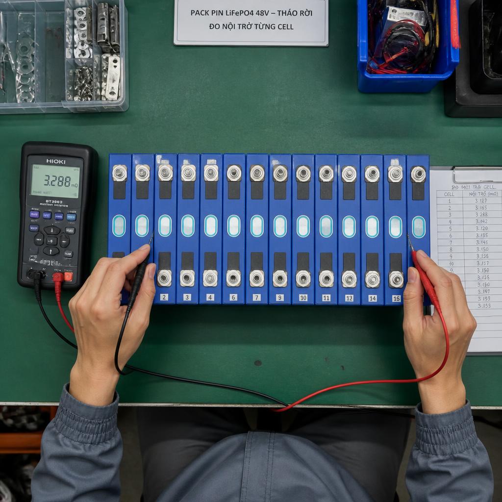 Kỹ thuật viên đang đo nội trở từng cell trong pack pin LiFePO4 48V tháo rời, nhìn thẳng từ trên xuống, bối cảnh xưởng kỹ thuật