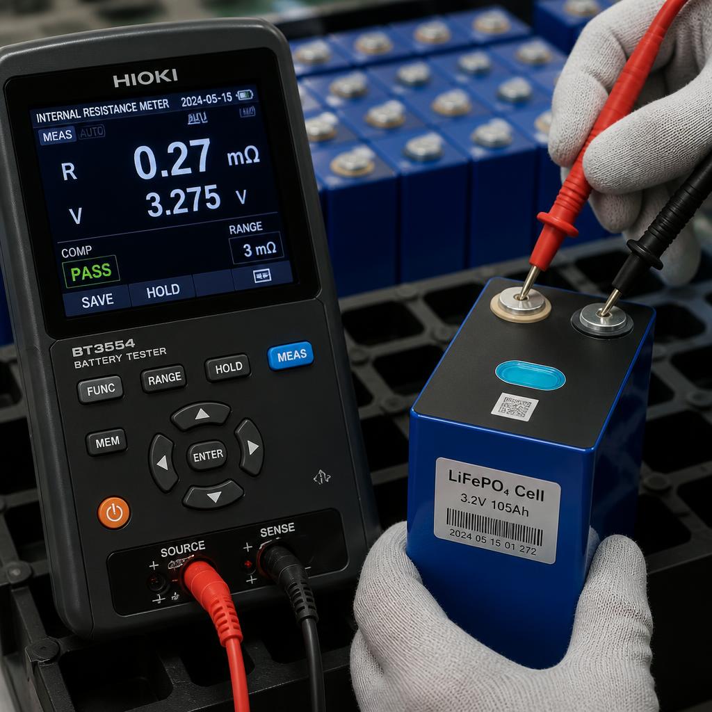 Kỹ thuật viên đang đo nội trở từng cell LiFePO4 bằng máy đo chuyên dụng trước khi ghép pack, chụp cận cảnh trong xưởng