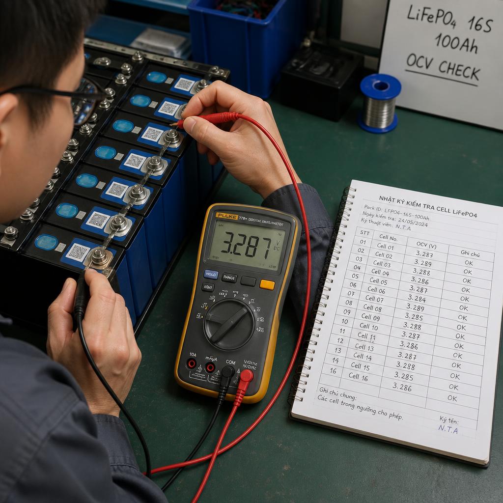 Kỹ thuật viên đang đo OCV từng cell của pack LiFePO4 bằng voltmeter, nhật ký kiểm tra đặt cạnh
