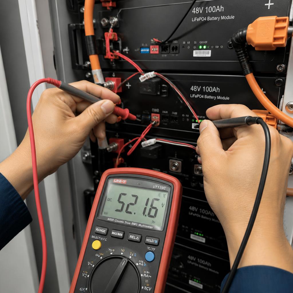 Kỹ thuật viên đang dùng đồng hồ vạn năng đo điện áp pack pin LiFePO4 48V trong tủ lưu trữ năng lượng mặt trời, góc chụp gần tay cầm que đo