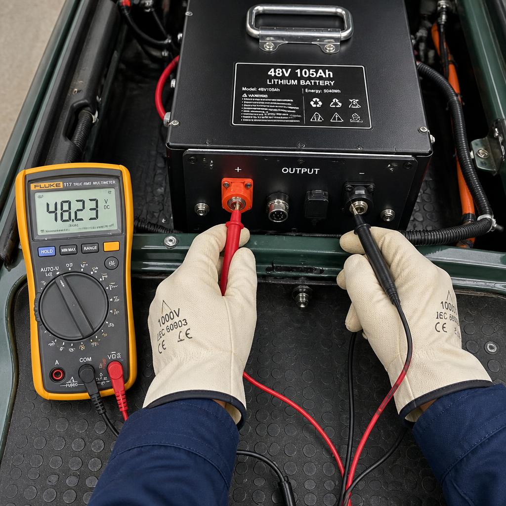Kỹ thuật viên đang dùng đồng hồ vạn năng đo điện áp tại cổng output của pack pin 48V xe golf, đeo găng tay cách điện, góc chụp từ trên xuống thấy rõ màn hình đồng hồ và đầu đo