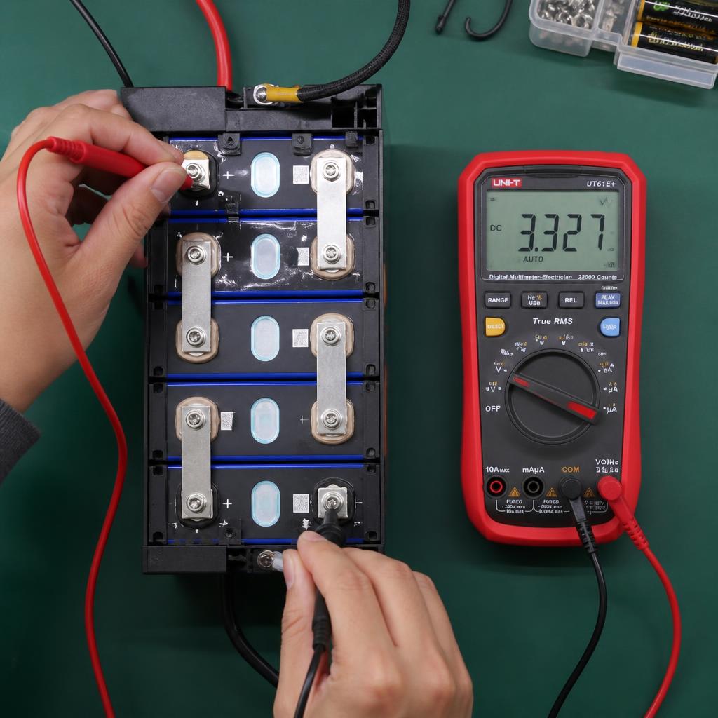 Kỹ thuật viên đang dùng multimeter đo điện áp từng cell trong pack pin lithium LiFePO4, góc chụp từ trên xuống, thấy rõ que đo tiếp xúc cực cell và màn hình hiển thị giá trị điện áp