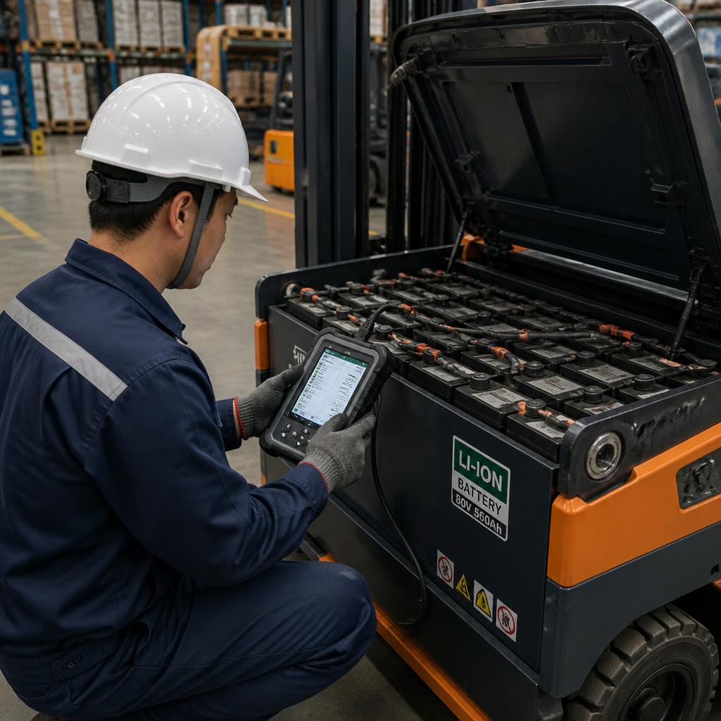 Kỹ thuật viên đang dùng thiết bị đọc log BMS kết nối với pack pin lithium xe nâng trong môi trường kho hàng, góc chụp nghiêng 45 độ