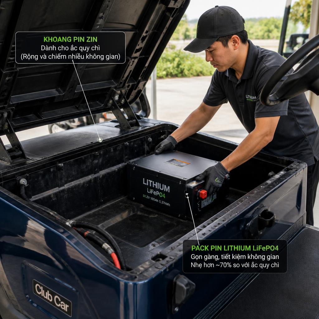 Kỹ thuật viên đang lắp pack pin LiFePO4 vào khoang pin xe golf Club Car, góc chụp nghiêng thể hiện sự gọn gàng của pack lithium so với khoang pin rộng trước đó dành cho ắc quy chì