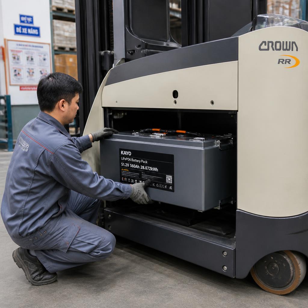 Kỹ thuật viên đang lắp pack pin LiFePO4 vào khoang pin xe nâng reach truck, chụp từ góc ngang, thấy rõ vỏ pack khớp khoang gốc