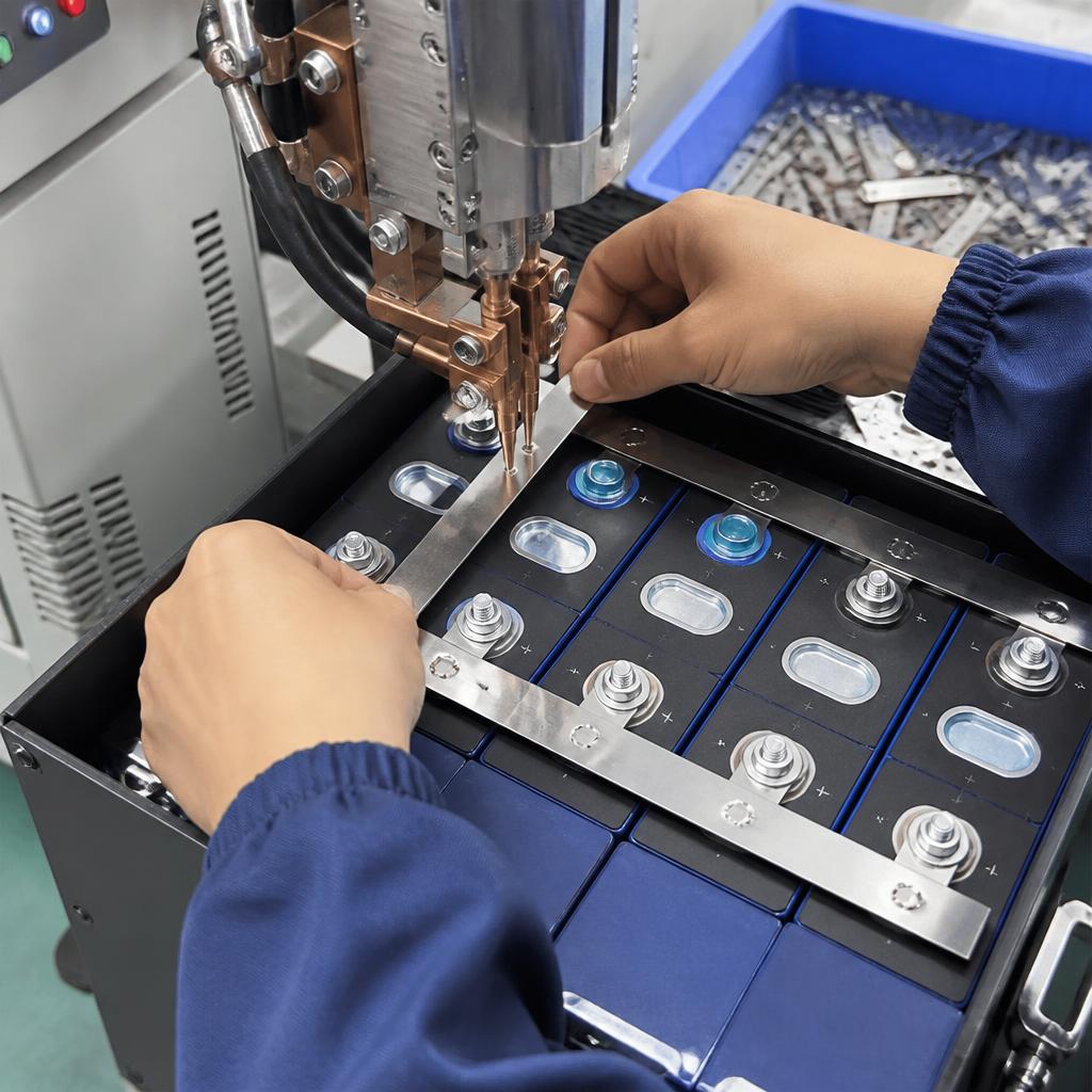 Kỹ thuật viên đang thực hiện hàn spot cell LiFePO4 trong xưởng đóng pack, góc chụp cận tay thể hiện công đoạn lắp ráp thực tế