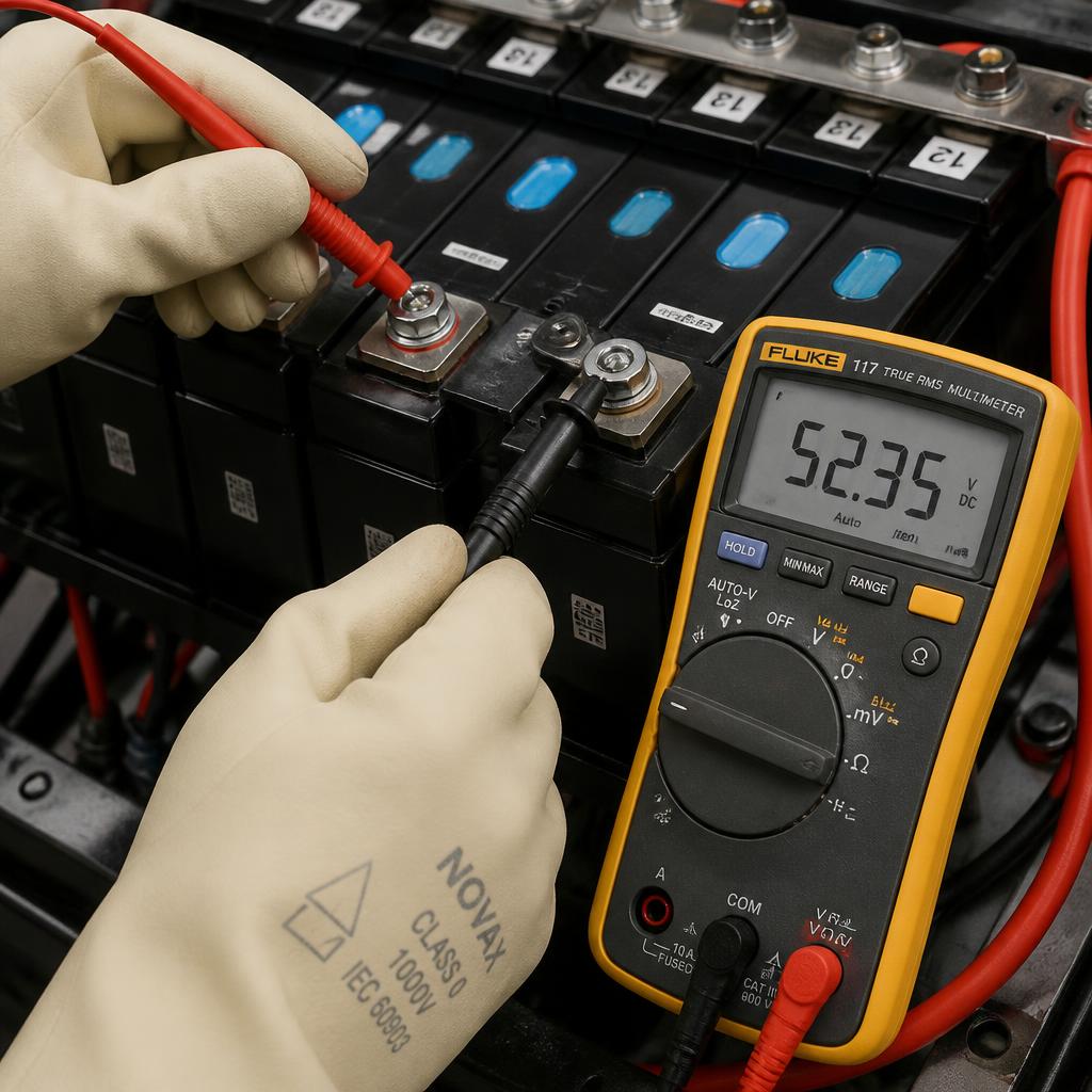 Kỹ thuật viên đeo găng tay cách điện đang dùng đồng hồ vạn năng đo điện áp OCV terminal pack pin LiFePO4 48V, chụp cận cảnh tay và đầu que đo