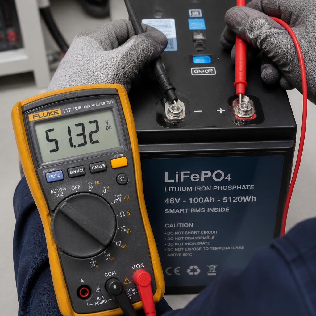 Kỹ thuật viên đo điện áp pack pin LiFePO4 48V bằng đồng hồ vạn năng, cận cảnh hai que đo tiếp xúc đầu cực dương âm, màn hình đồng hồ hiển thị số đọc cụ thể