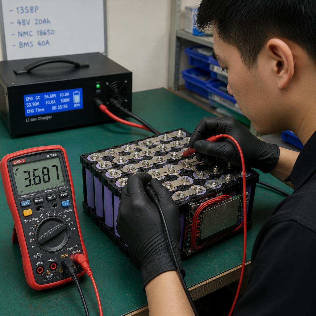 Kỹ thuật viên đo điện áp cọc pack pin lithium bằng đồng hồ vạn năng, pack đang kết nối với bộ sạc