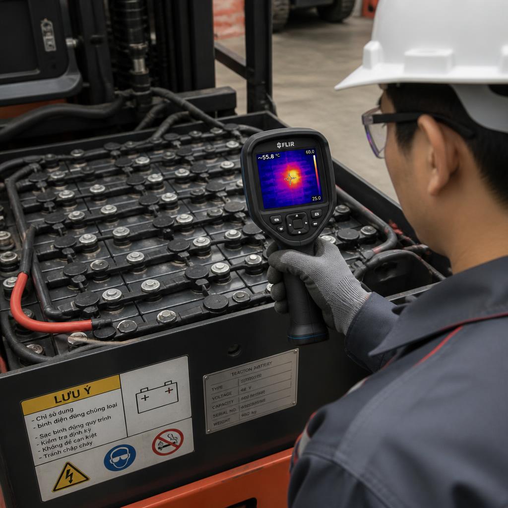 Kỹ thuật viên dùng súng đo nhiệt hồng ngoại quét bề mặt pack pin xe nâng, màn hình hiển thị điểm nóng màu đỏ tại một cell cụ thể