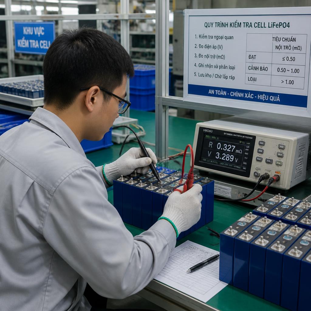 Kỹ thuật viên kiểm tra pack pin lithium LiFePO4 trong xưởng sản xuất, đo nội trở từng cell trước khi đóng pack