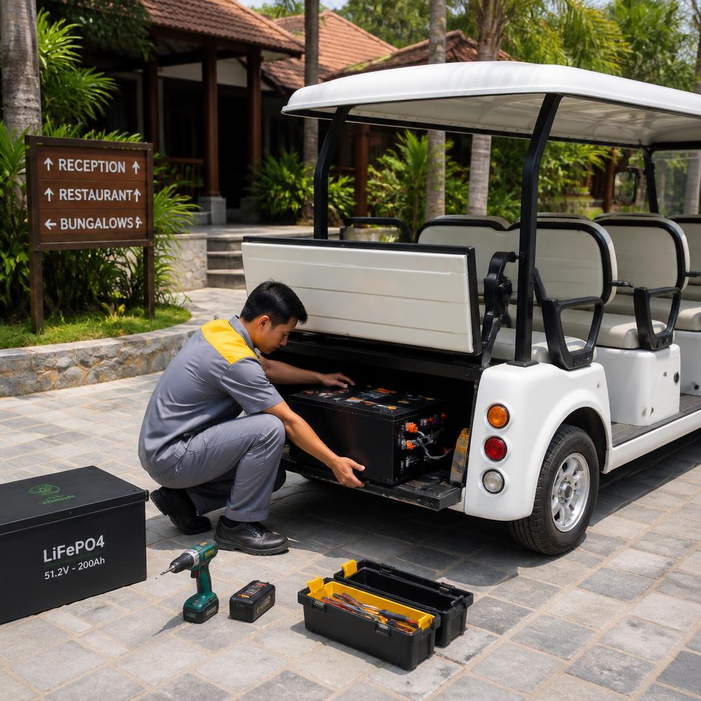 Kỹ thuật viên lắp đặt pack pin LiFePO4 vào xe điện du lịch 8 chỗ tại khu resort, cảnh thực tế ngoài trời