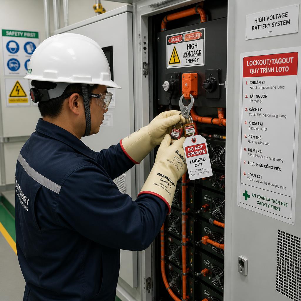 Kỹ thuật viên mặc đầy đủ PPE gồm găng tay cách điện Class 0 và kính bảo hộ, đang thực hiện quy trình lockout/tagout trên tủ điện hệ pin áp cao
