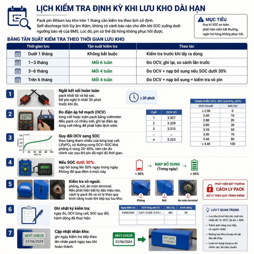 Lịch kiểm tra pin lithium định kỳ khi lưu kho dài hạn