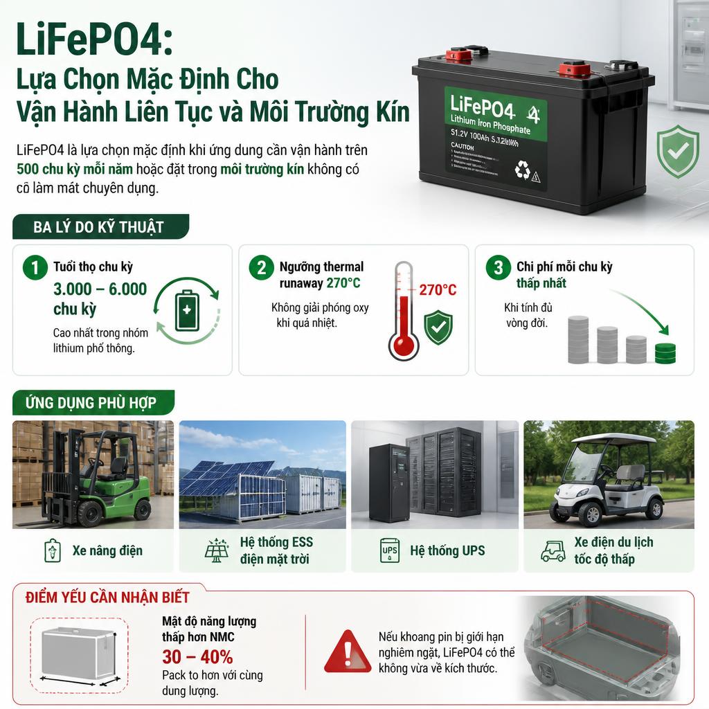LiFePO4 – bền bỉ, an toàn cho vận hành liên tục mọi môi trường.