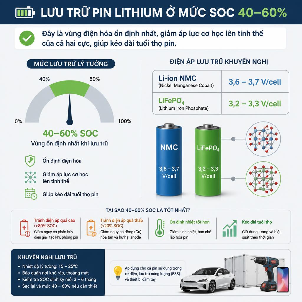 Bảo quản pin lithium ở mức 40–60% để kéo dài tuổi thọ.