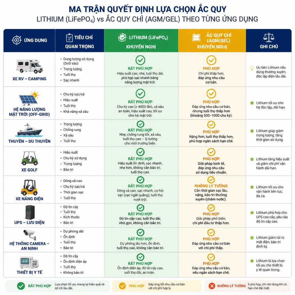 Ma trận quyết định dạng bảng màu sắc trực quan, xanh lá cho lithium, vàng cho ắc quy chì, theo từng ứng dụng cụ thể