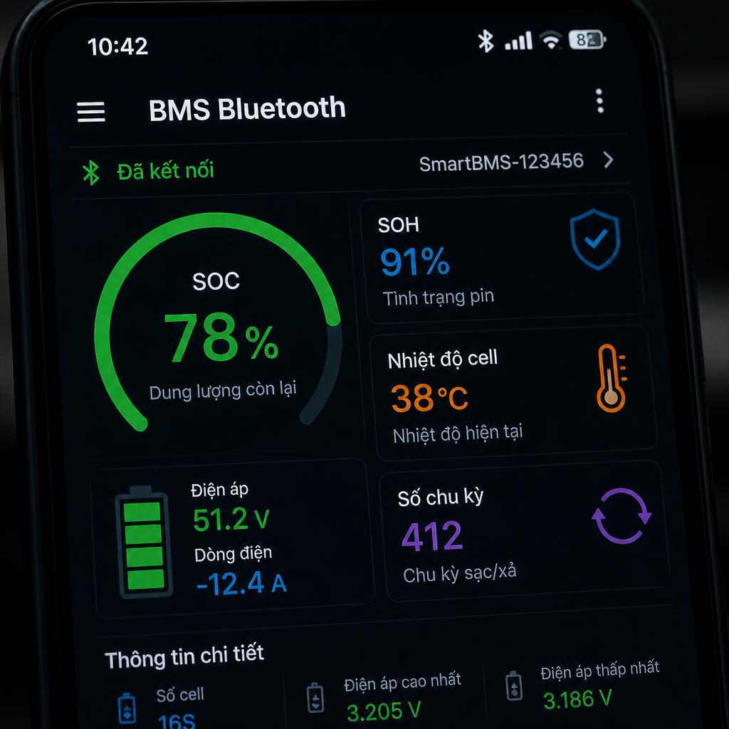Màn hình app điện thoại hiển thị giao diện BMS Bluetooth với các thông số SOC 78%, SOH 91%, nhiệt độ cell 38°C, số chu kỳ 412, nền tối, chụp cận cảnh