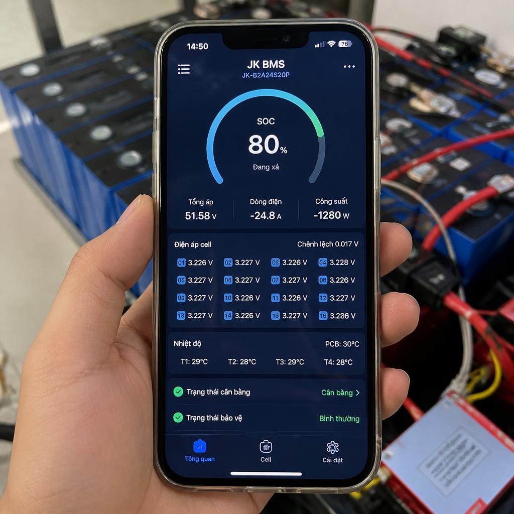 Màn hình app JK BMS trên điện thoại hiển thị điện áp 16 cell, SOC, dòng sạc/xả và nhiệt độ, chụp thực tế khi pack đang hoạt động bình thường