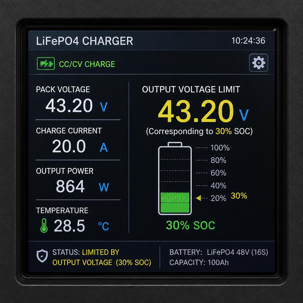 Màn hình bộ sạc hiển thị giới hạn điện áp đầu ra tương ứng 30% SOC của pack LiFePO4 48V