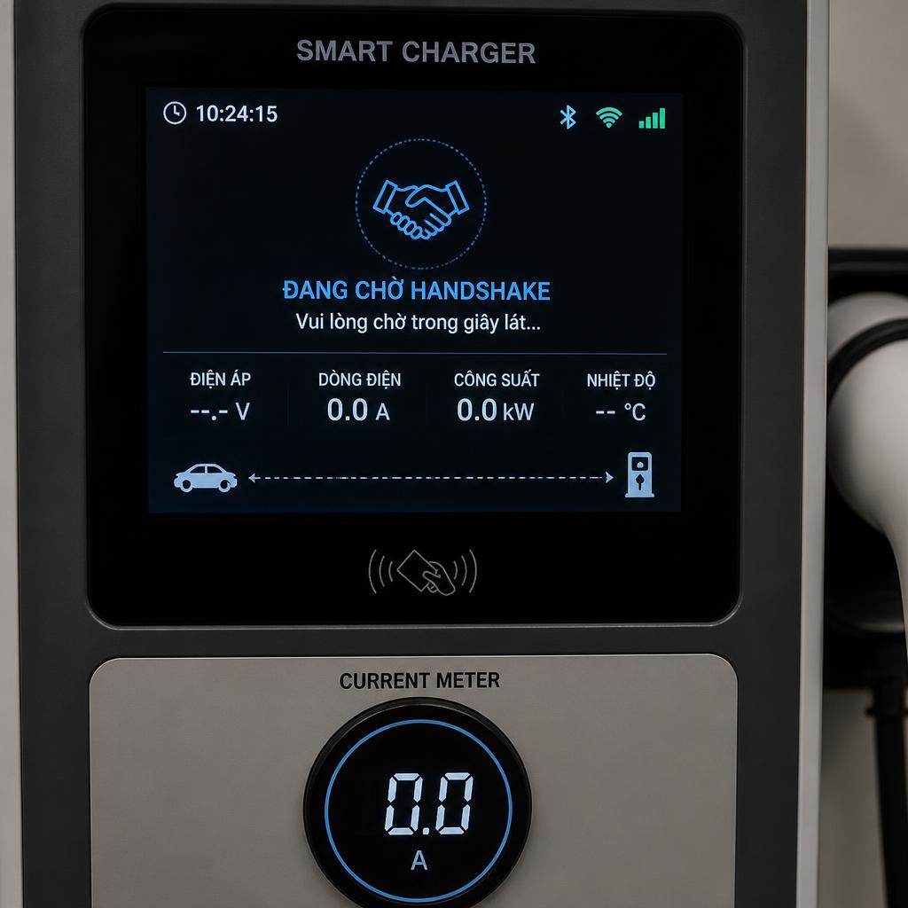 Màn hình bộ sạc smart hiển thị trạng thái chờ handshake, đồng hồ đo dòng chỉ 0A
