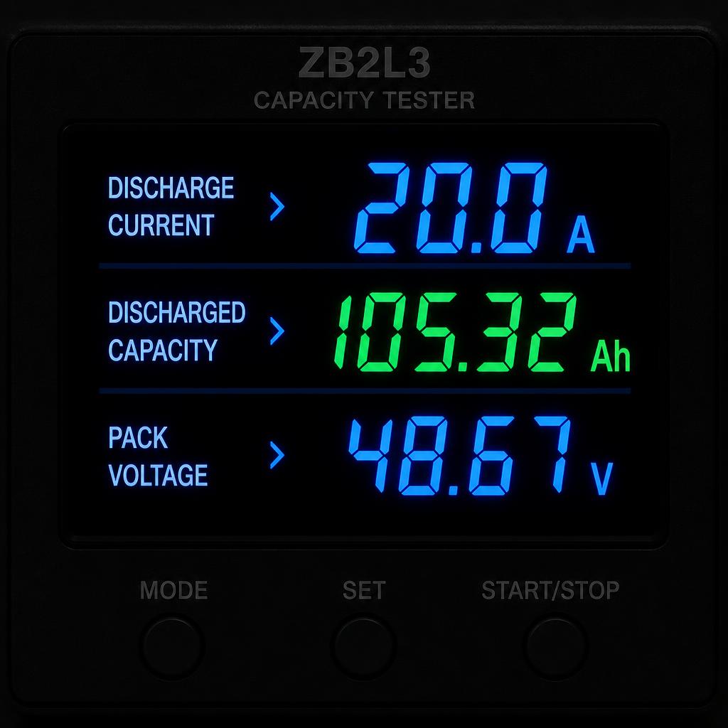 Màn hình capacity tester ZB2L3 hiển thị kết quả đo: dòng xả 20A, tổng Ah đã xả, điện áp pack hiện tại, nền tối để màn hình LED nổi rõ