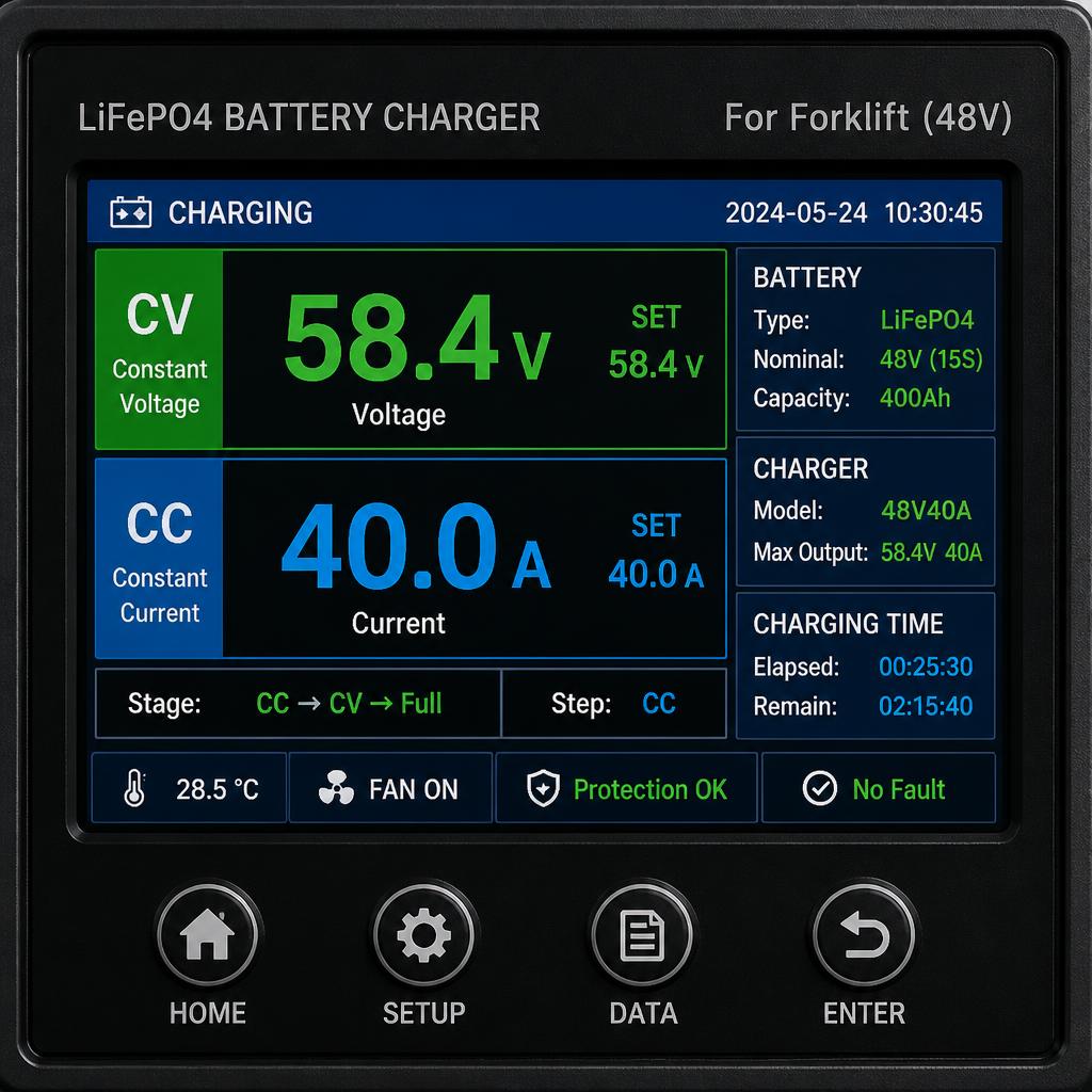 Màn hình hiển thị thông số bộ sạc LiFePO4 chuyên dụng cho xe nâng 48V, thấy rõ giá trị điện áp CV 58.4V và dòng CC 40A đang cài đặt