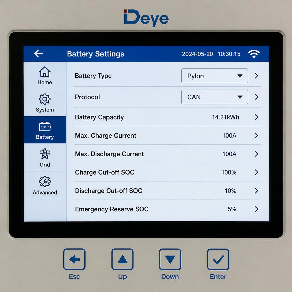 Màn hình inverter Deye hiển thị menu Battery Settings với tùy chọn Battery Type và Protocol đang được chọn 'Pylon' và 'CAN'