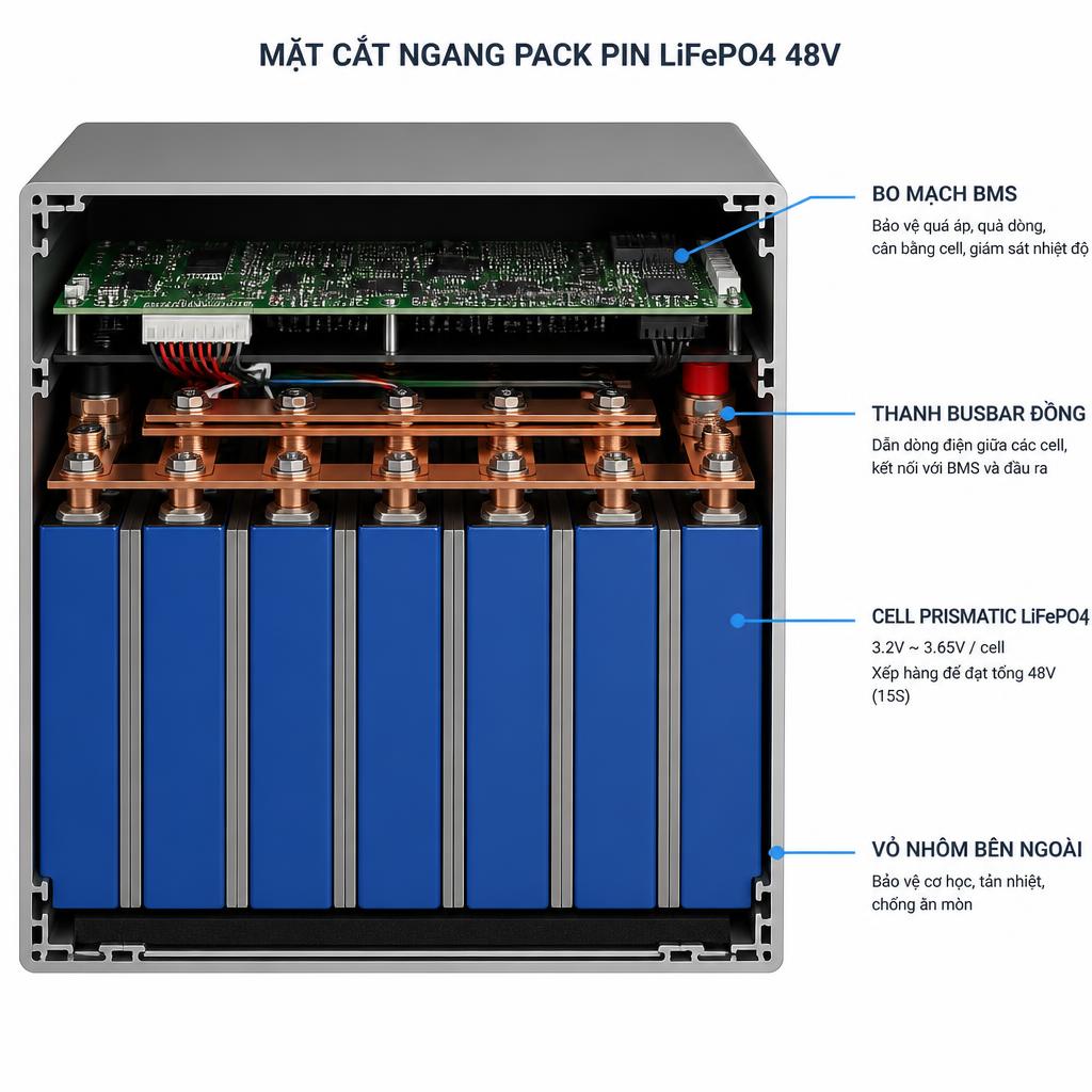 Mặt cắt ngang một pack pin lưu trữ LiFePO4 48V, hiển thị rõ các lớp: cell prismatic xếp hàng, thanh busbar đồng, bo mạch BMS và vỏ nhôm bên ngoài