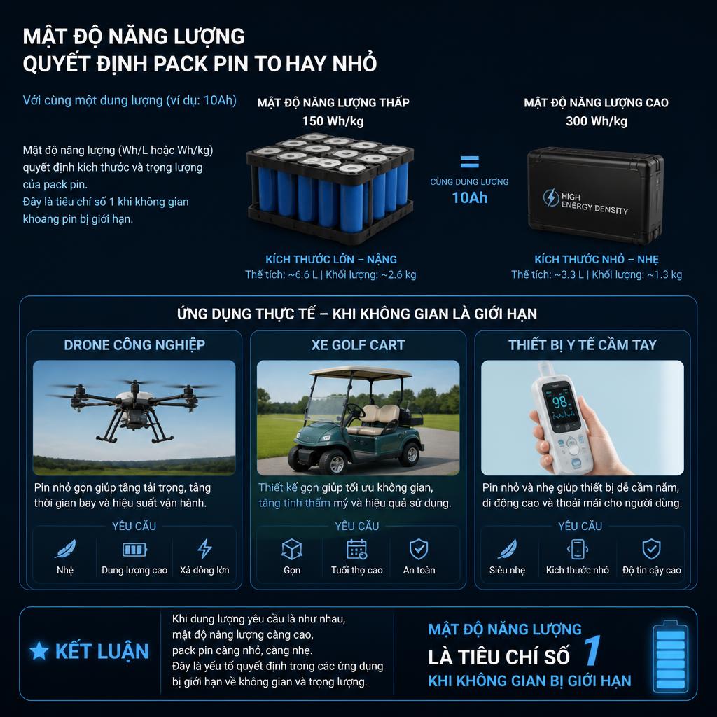 Mật độ năng lượng cao giúp pack pin nhỏ gọn hơn.