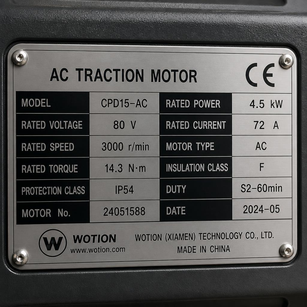 Nameplate motor xe nâng điện chụp cận cảnh, thấy rõ thông số kW, điện áp V và dòng định mức A