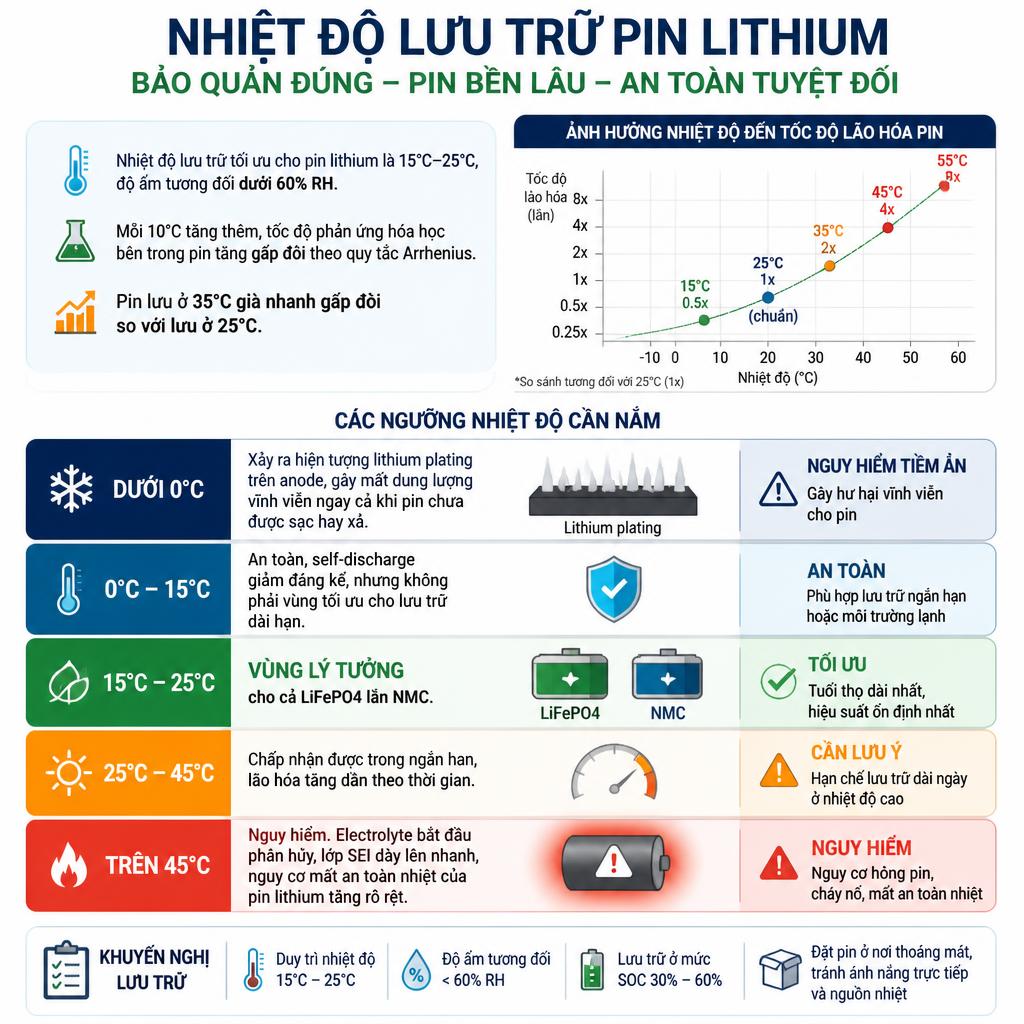 Nhiệt độ lý tưởng bảo quản pin lithium: 15°C–25°C