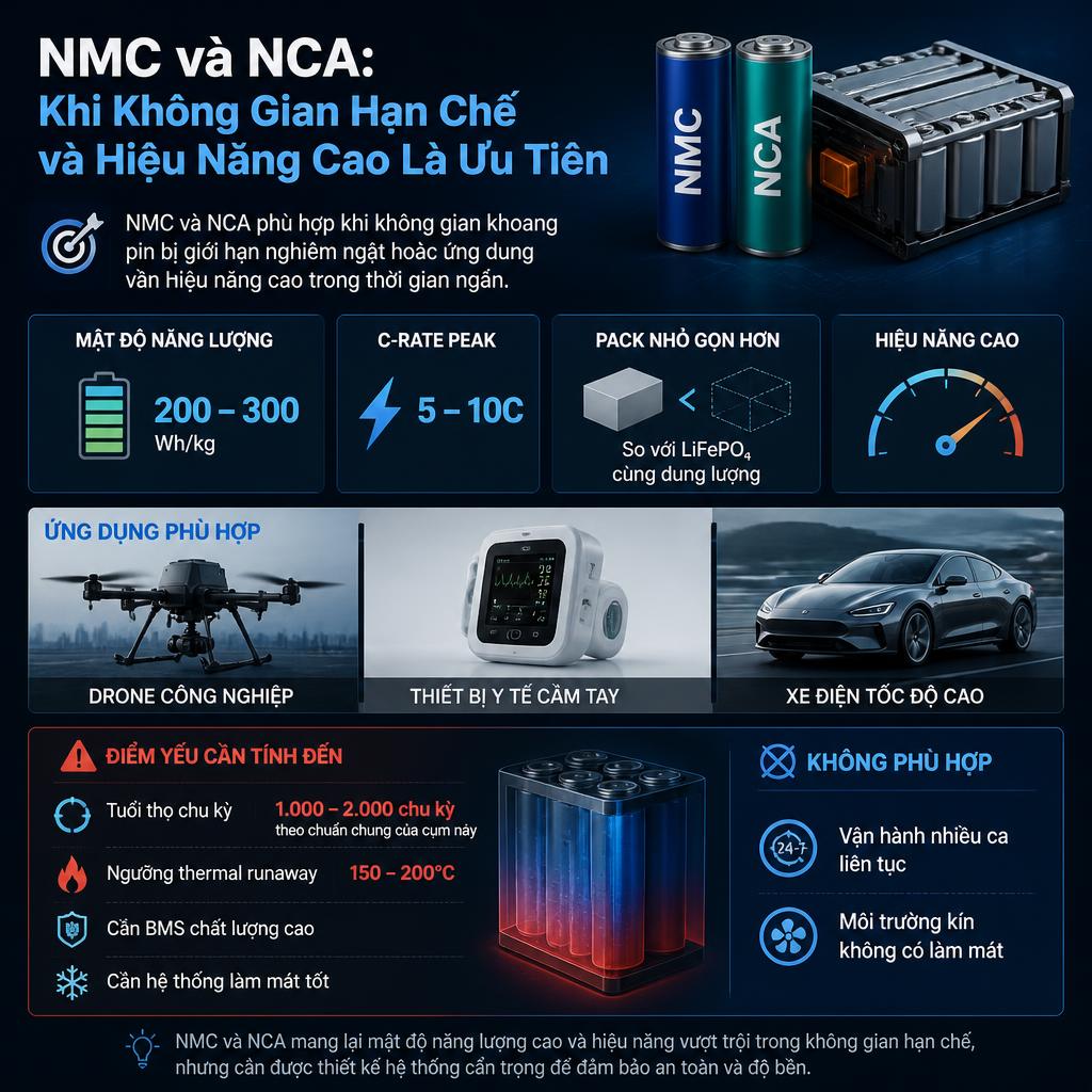 NMC/NCA: Hiệu năng cao, lý tưởng cho drone và xe điện tốc độ cao.