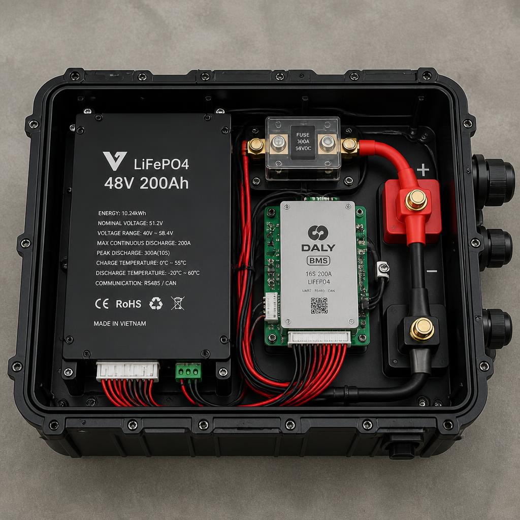 Pack pin LiFePO4 48V 200Ah đã đóng hoàn chỉnh cho xe điện du lịch 6 chỗ, góc chụp từ trên xuống, thấy rõ BMS, cầu chì, và vỏ bảo vệ IP65