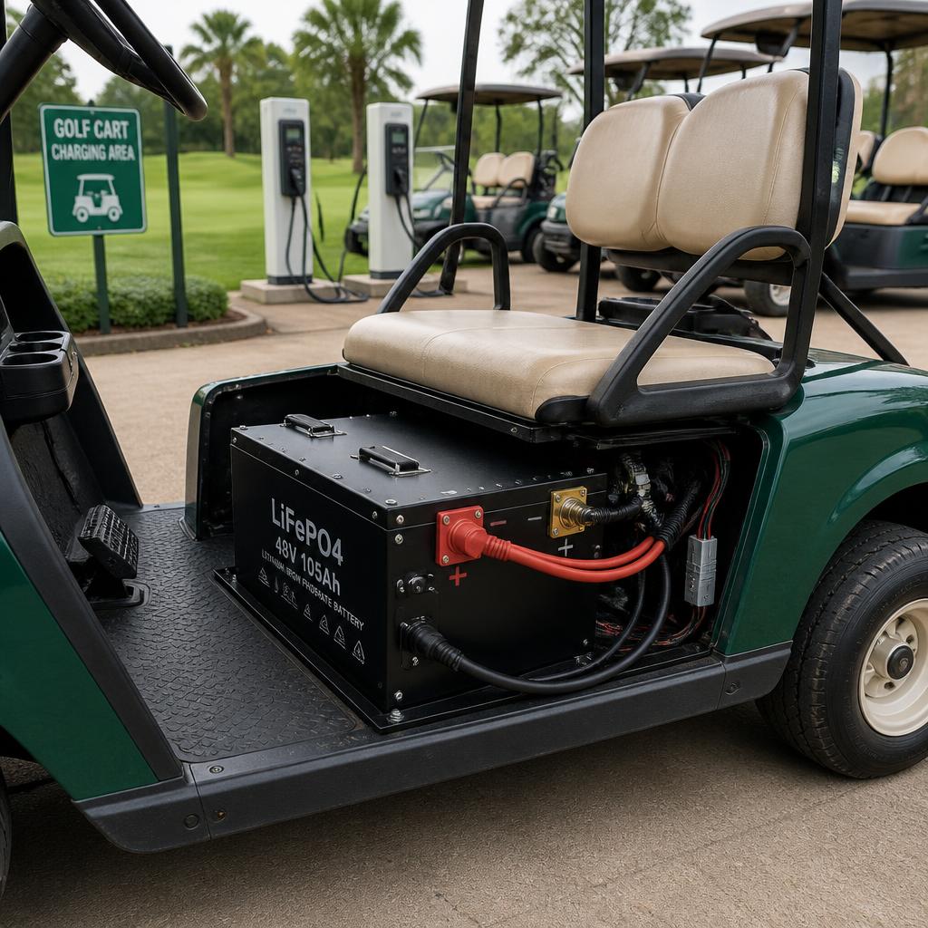 Pack pin LiFePO4 48V lắp trên xe golf cart nhìn từ góc bên hông, thấy rõ vỏ hộp pin, đầu cực và dây kết nối, bối cảnh bãi sạc sân golf
