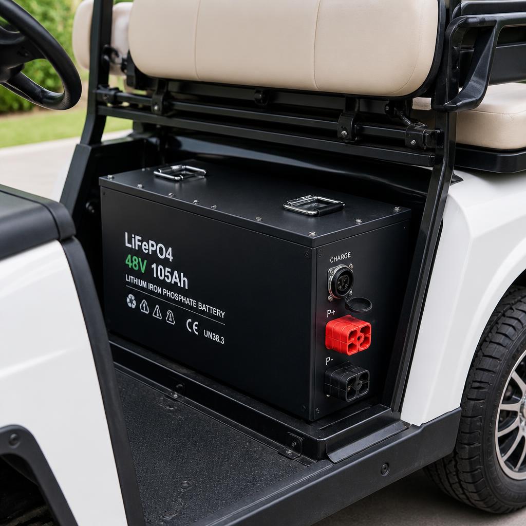 Pack pin LiFePO4 48V lắp trong khoang xe golf 4 chỗ, nhìn từ góc bên hông, thấy rõ cổng sạc và đầu nối đầu ra